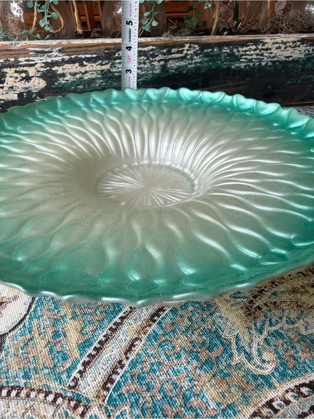 Frosted Art Glass Serving Bowl Aqua Green Ombre Centerpiece Dish 12 Inch